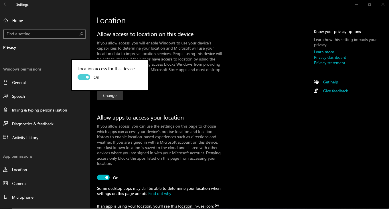 Enable location access on Windows device in privacy settings