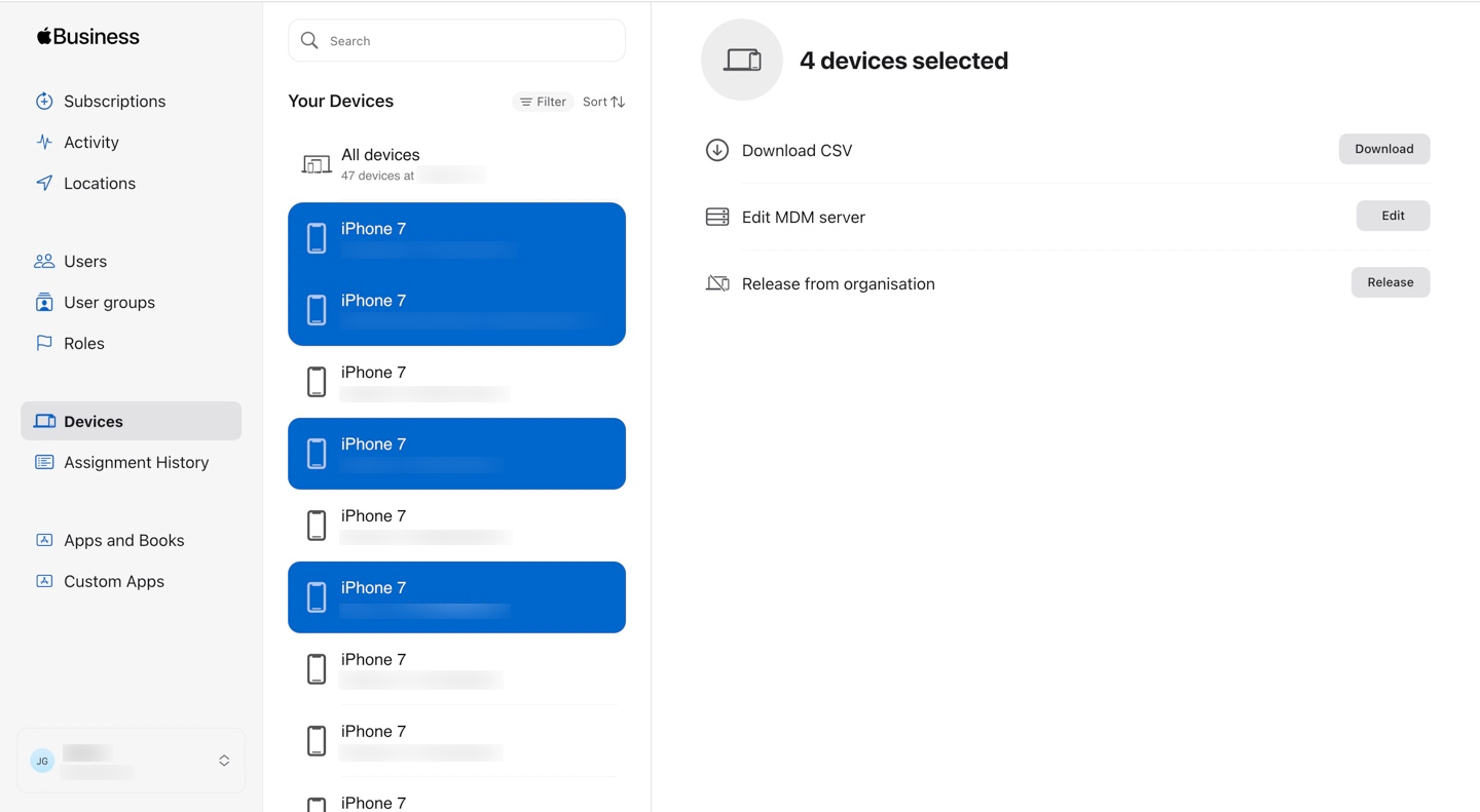 Manual selection of ABM devices for bulk assignment to the MDM server