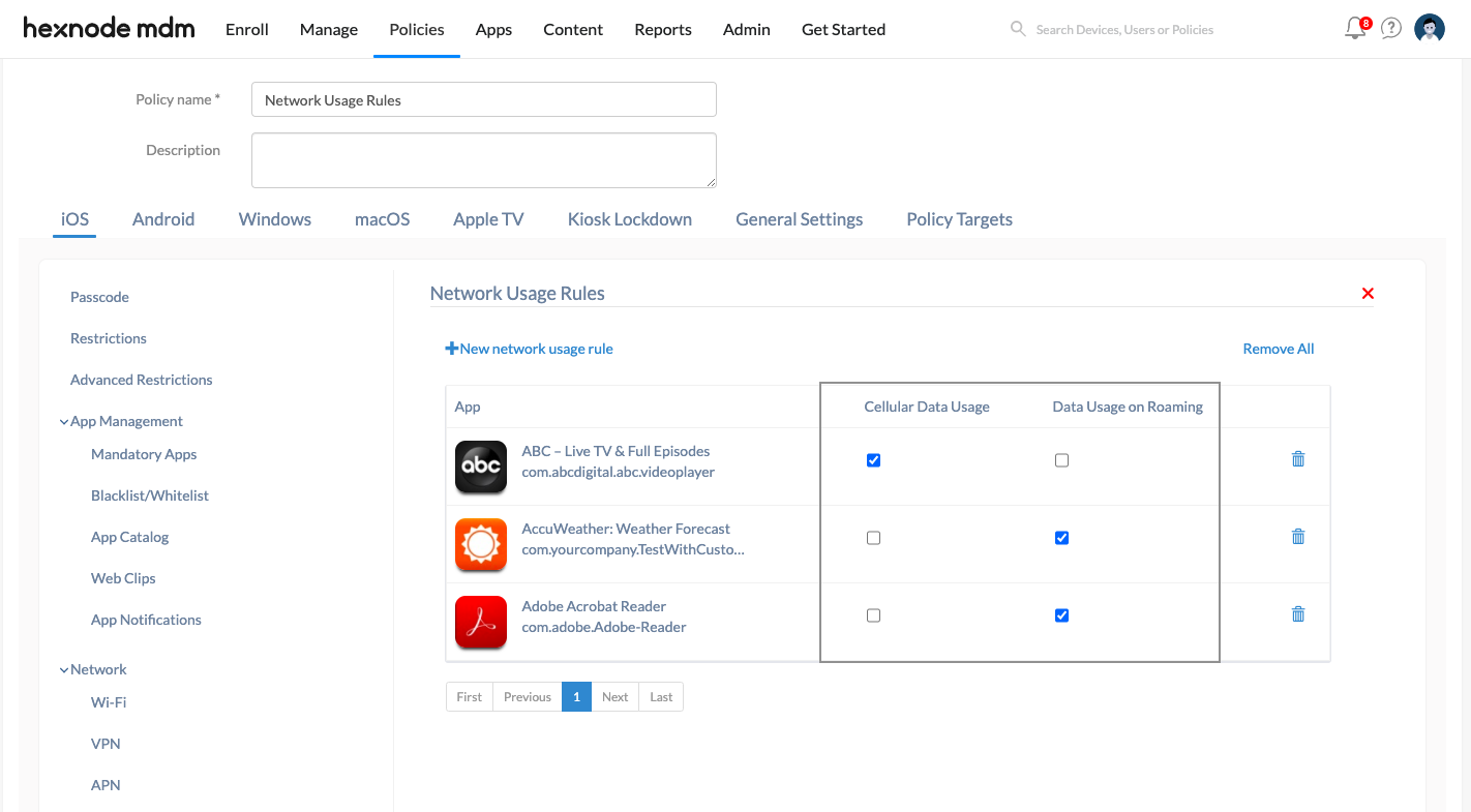Configure iOS network data usage rules via Policies