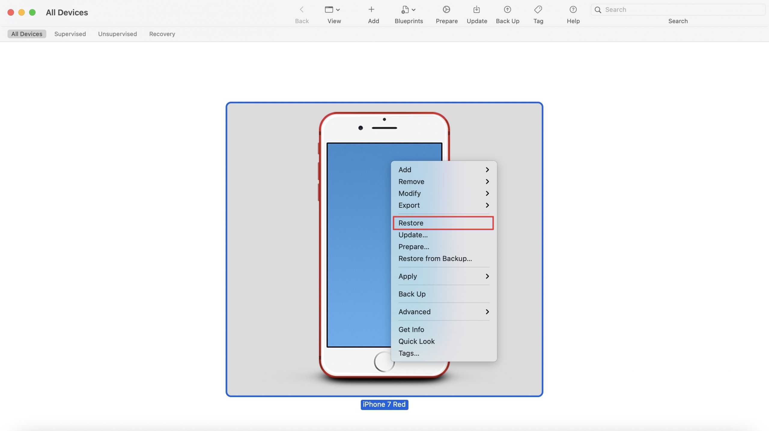 Restore iOS device by connecting it to Mac and launching Apple Configurator