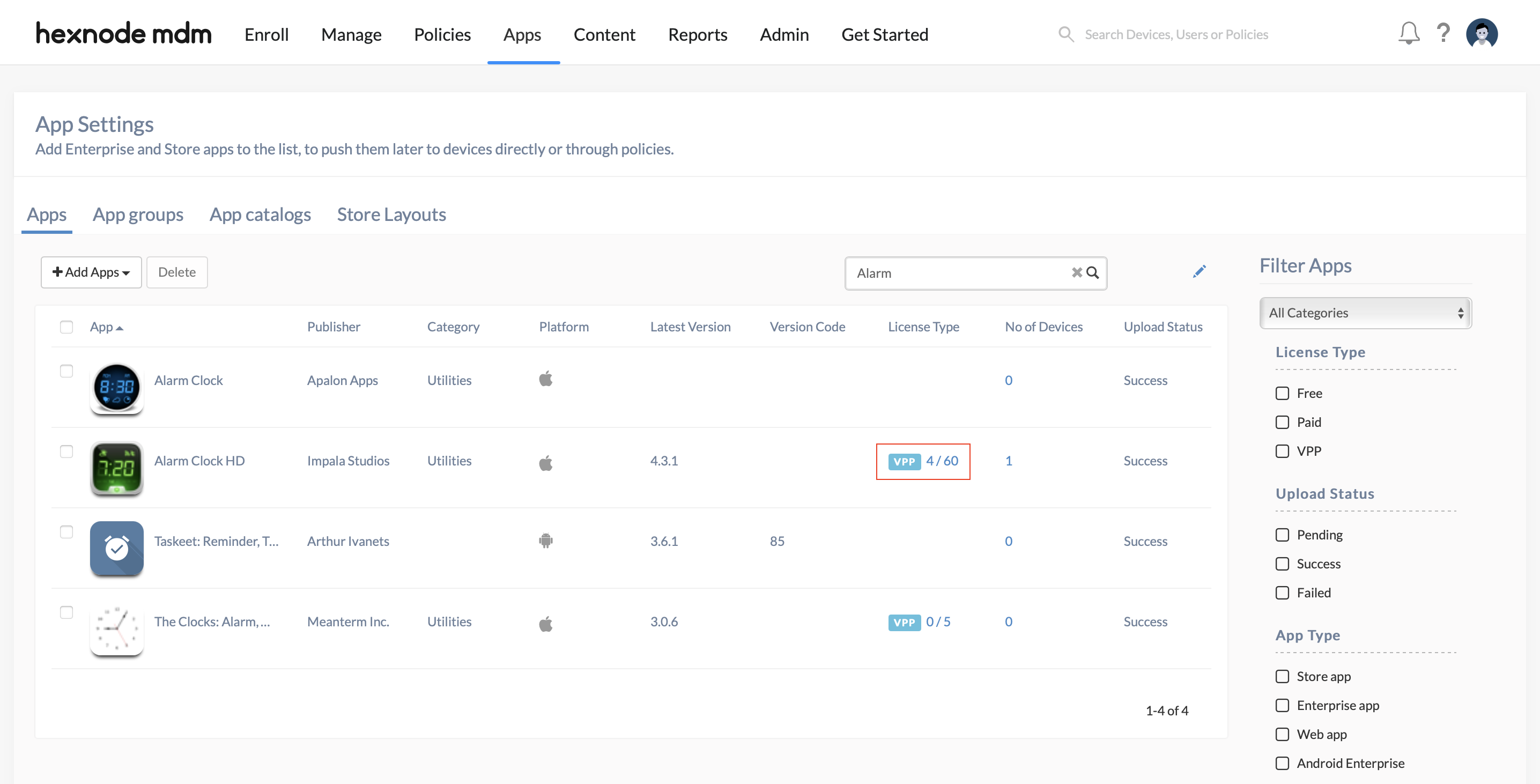 License type details for apps in Hexnode UEM