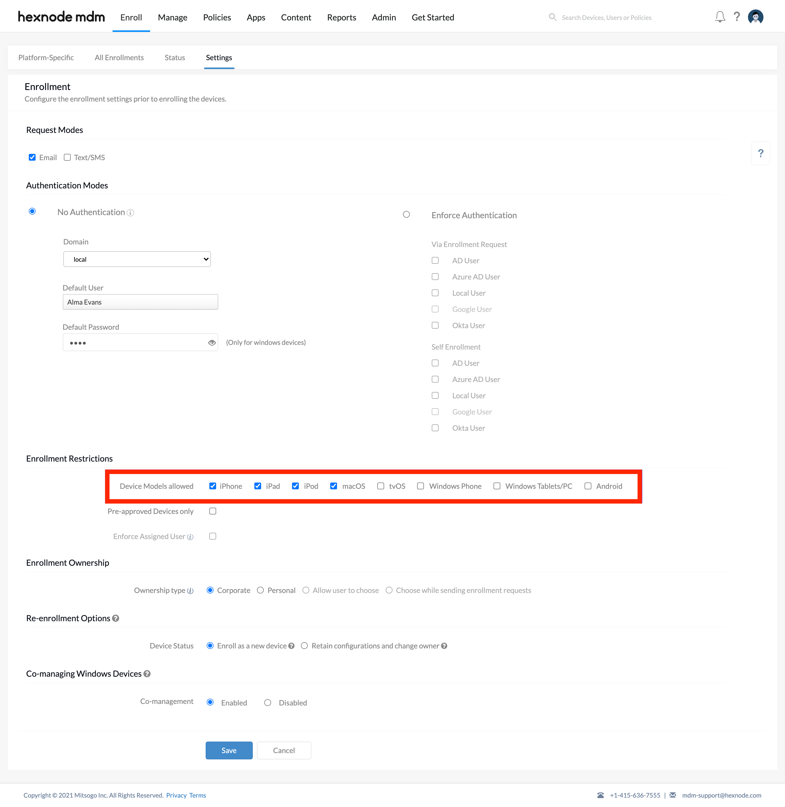 Configuring allowed device models in enrollment restrictions in Hexnode