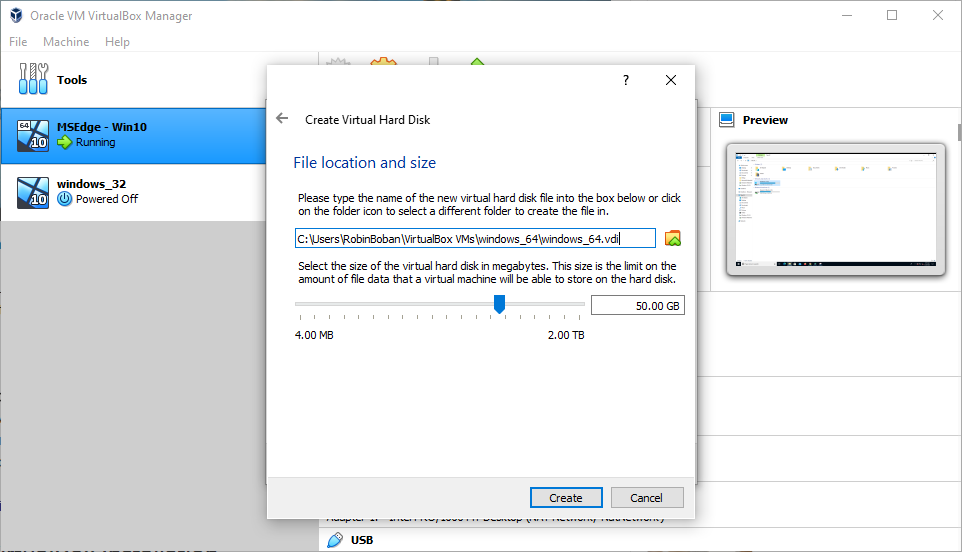 Select the file location and size of virtual hard disk