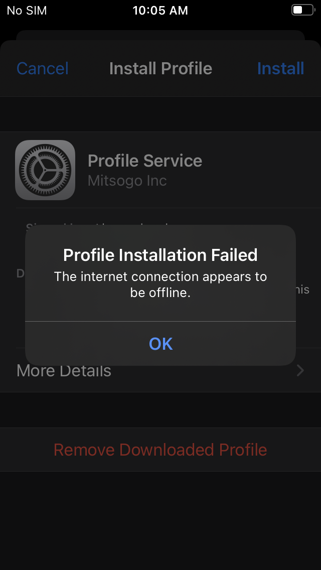 This error message is displayed when the device is not connected to the internet.