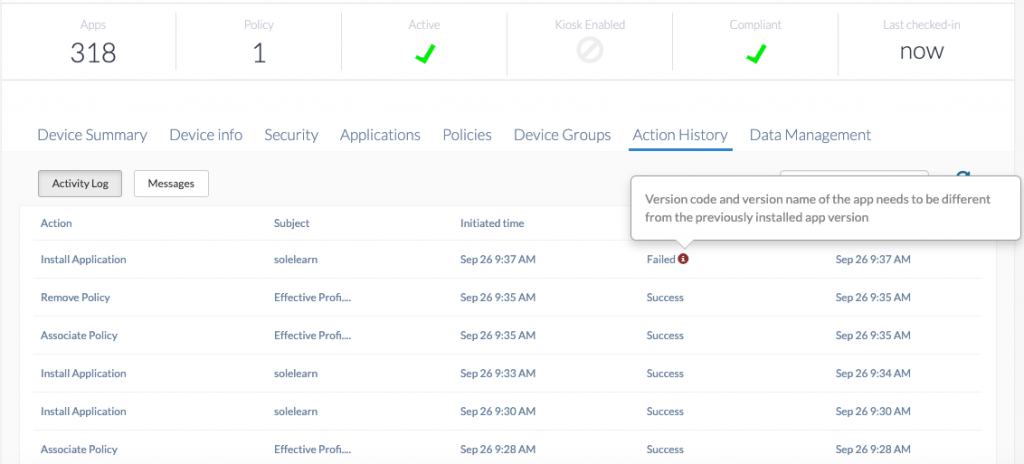 Error shows up while executing the Install Application action Info for a failed Install Application action