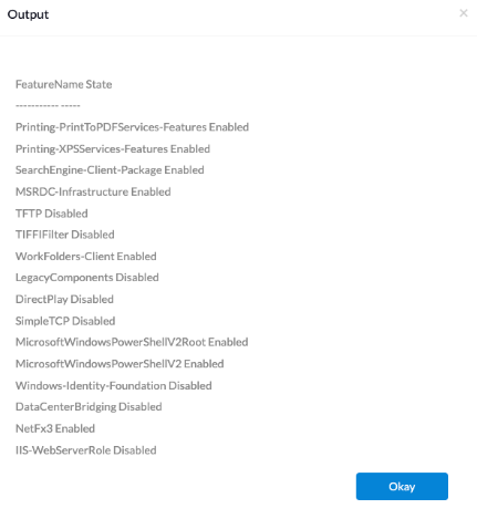 PowerShell script output listing all optional features