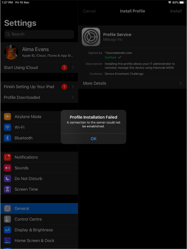 Hexnode error message while enrolling a restricted device.