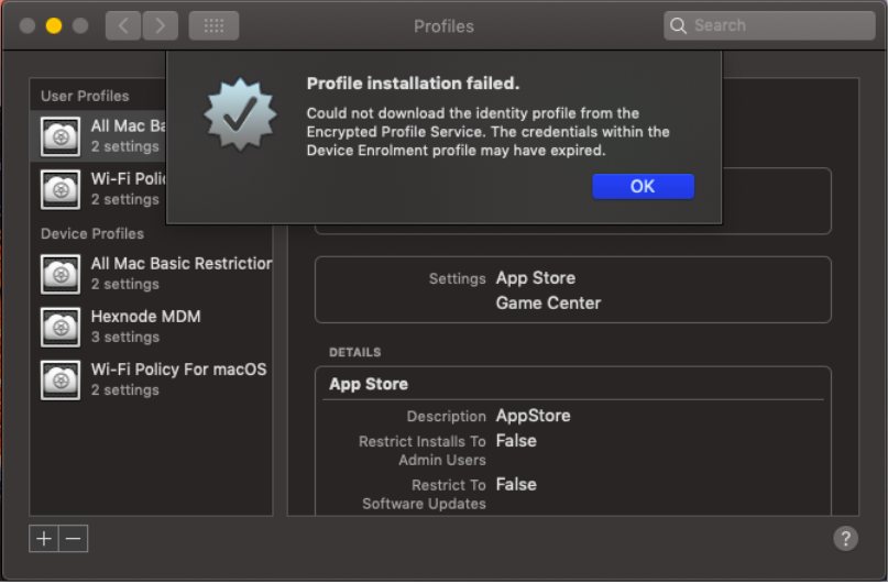 Error while enrolling a restricted Mac in Hexnode.